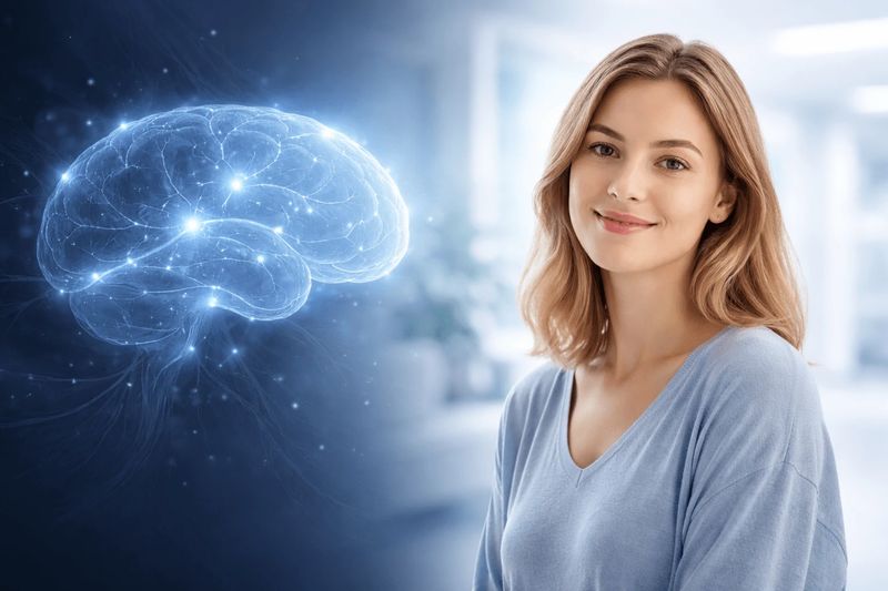 Illustration of a glowing human brain beside a calm, smiling woman